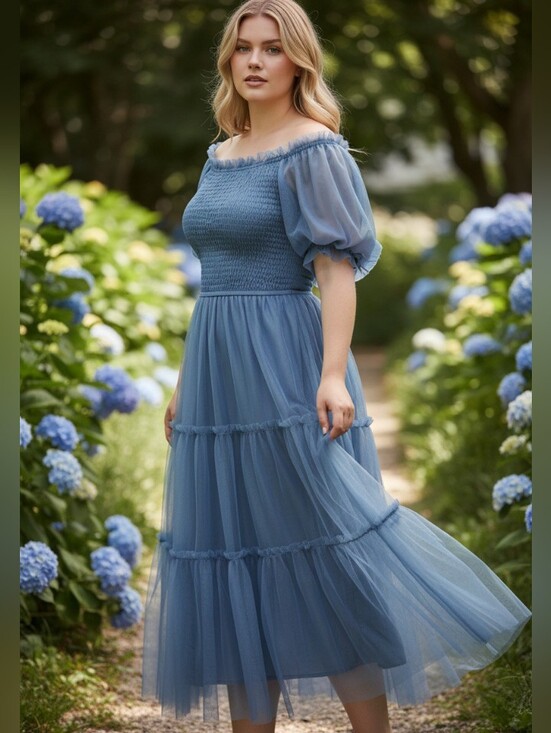 PrettyGarden Dresses & Skirts - PrettyGarden Dusty Blue Off-Shoulder Tulle Midi Dress
